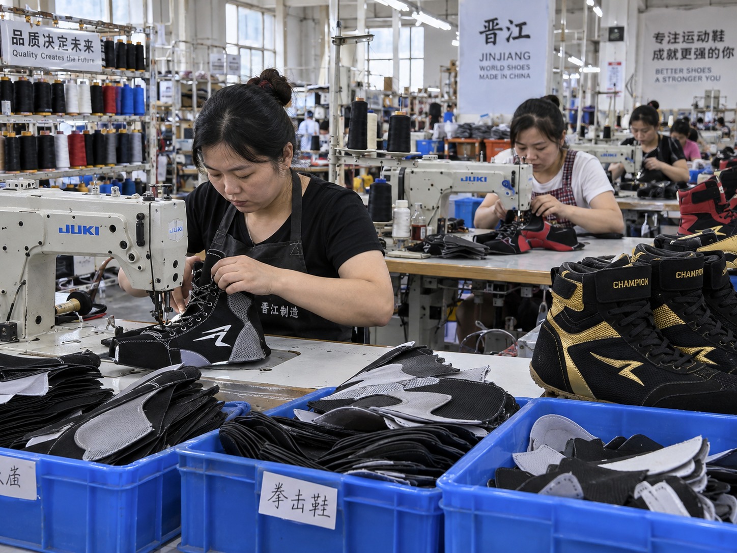 Figure 2: Computerized heavy-duty pattern stitching line sewing water-resistant Cordura nylon bags.