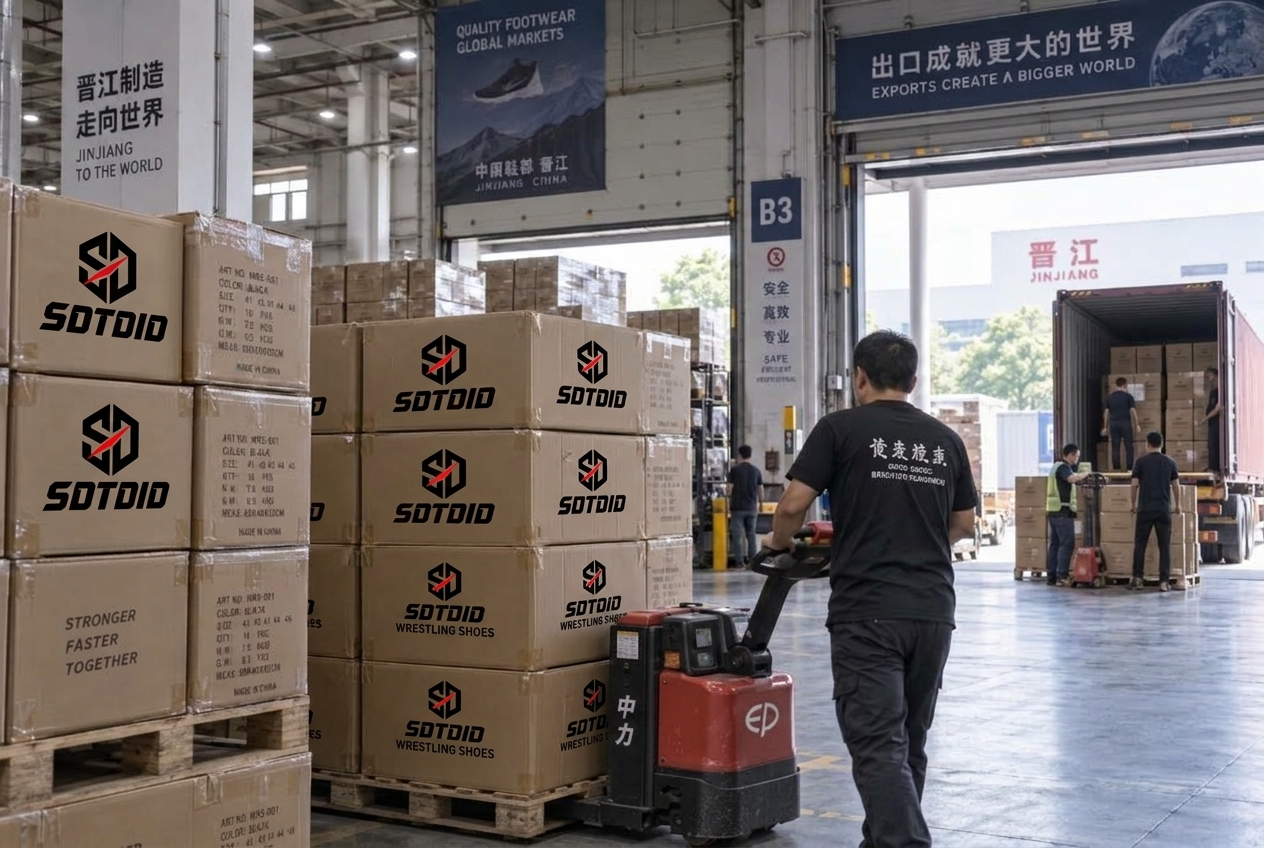 SDTDID finished combat footwear packed in export cartons ready for Xiamen container loading
