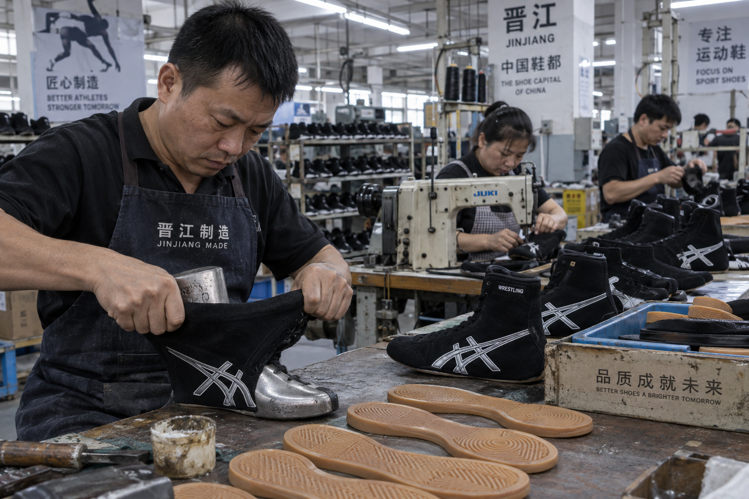 Wrestling shoe lasting and assembly line at Jinjiang shoe factory